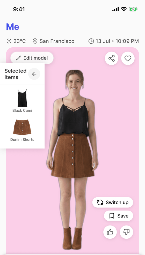 asho's Me screen: a black cami and suede skirt rendered on the user's AI model, with Switch up and Save controls.