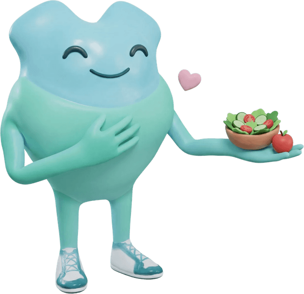 Cuby, the app's mascot: a rounded blue and green character offering a bowl of salad.