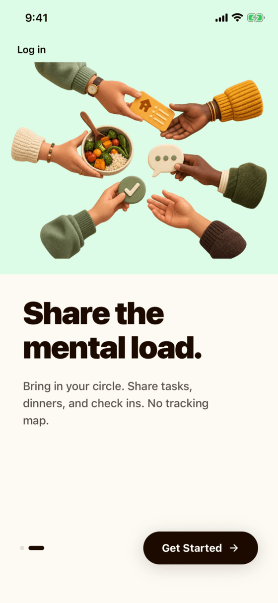 eveon's second onboarding screen: hands passing a task card, a meal and a check-in, headed “Share the mental load.”