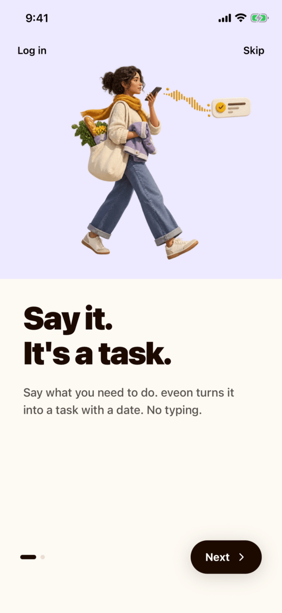 eveon's onboarding screen: an illustration of someone speaking a task into their phone, headed “Say it. It's a task.”