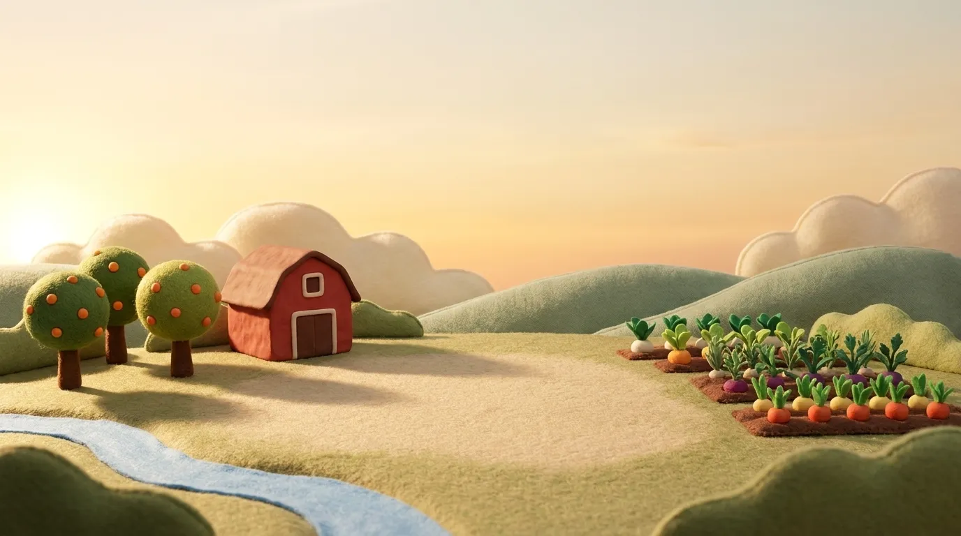 A soft felt landscape with a vegetable garden, fruit trees, and a winding stream.