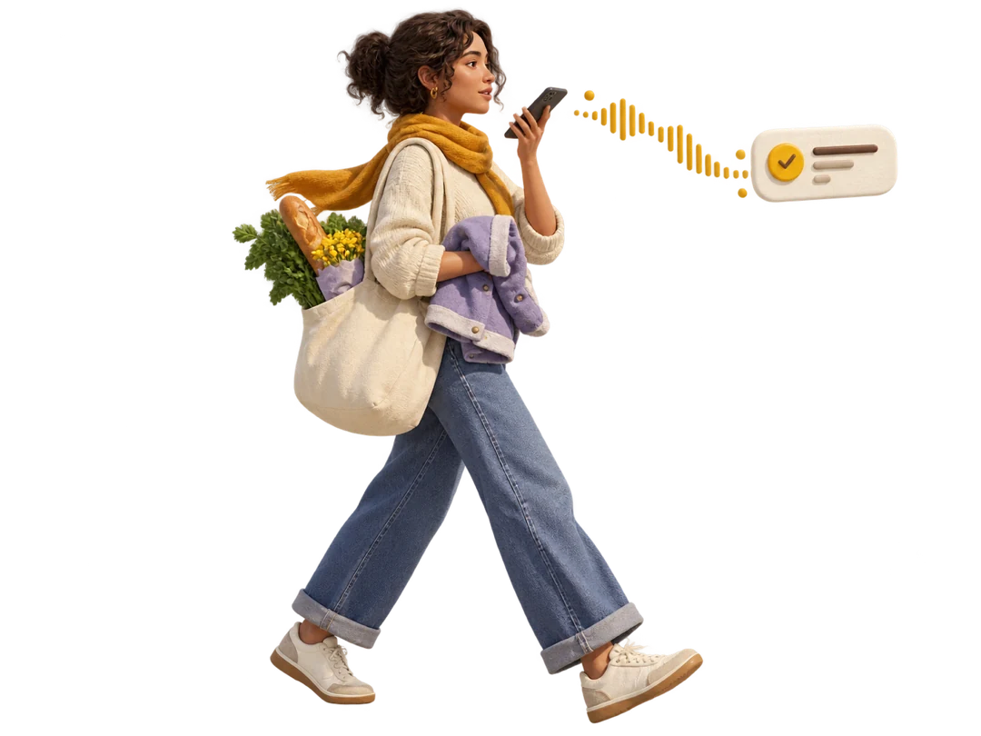 A woman turns a spoken thought into a task while carrying groceries.