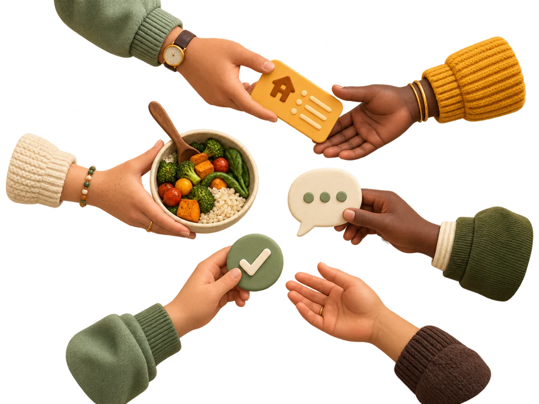 Hands sharing a meal, a task, and a check-in around a circle.
